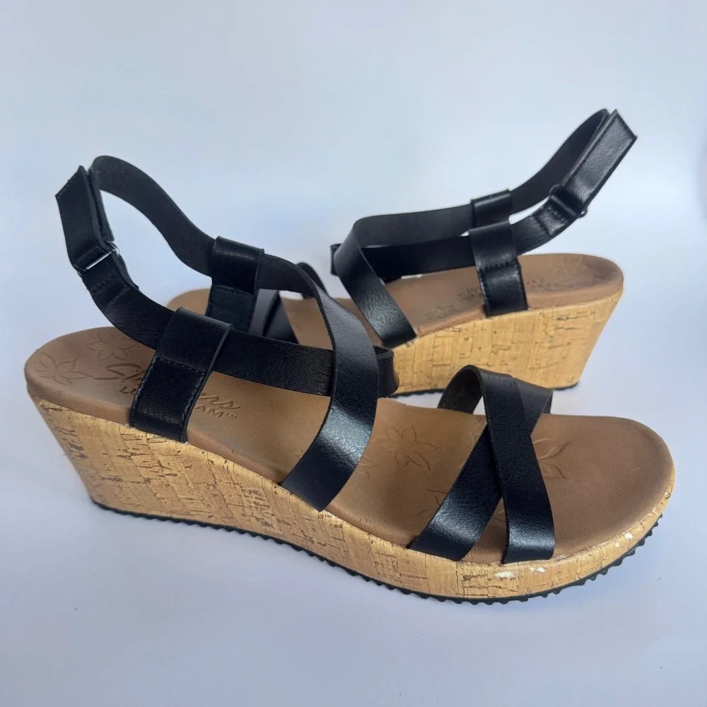 Skechers Luxe Foam Black Wedge Sandals Adjustable‎ Strap Comfortable Shoes Sz 10